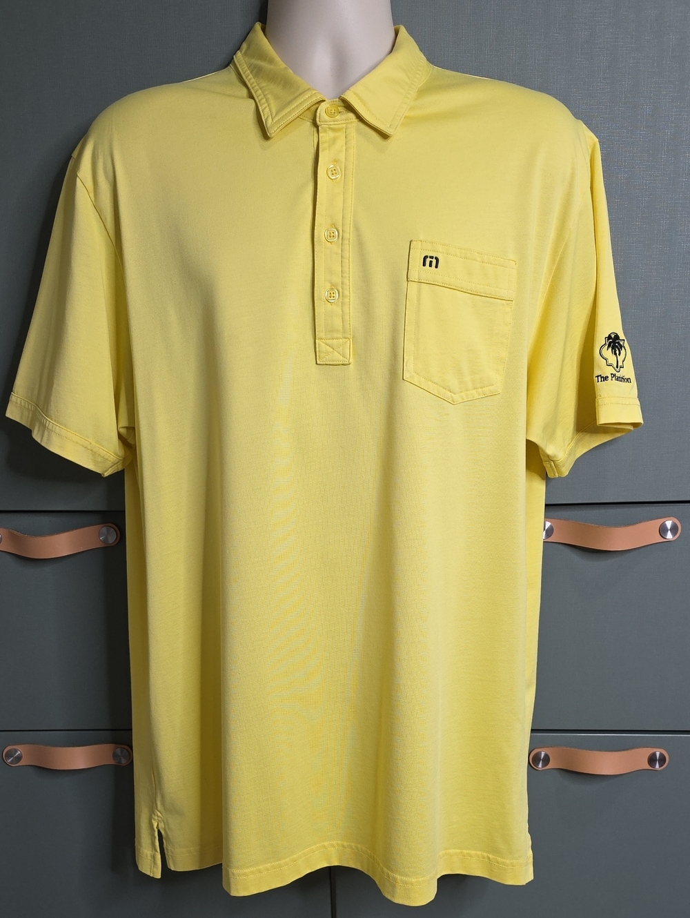 881. TravisMathew Men Yellow Pima Cotton Blend Pocket Golf Polo "The Plantation"